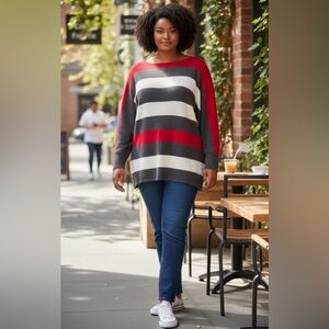 Signature Studio Vibrant Red, Gray, and Cream Striped Sweater